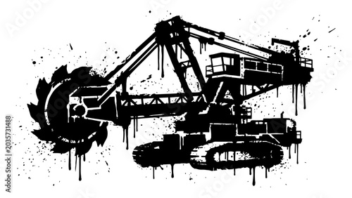 Photos Heavy industrial bucket wheel excavator machine in grungy ink splatter style