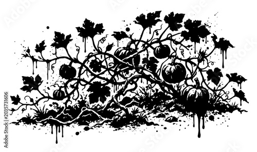 Fotografie Pumpkin patch with growing vines and leaves in grunge ink splatter style