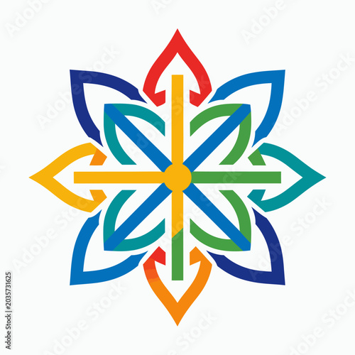 Photos Dynamic colorful star arrow logo with interlocking patterns.
