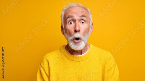 Surprised Elderly Man with White Beard and Yellow Sweater Expressing Amazement Against a Bright Yellow Background