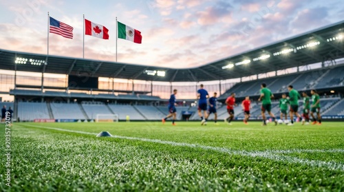 International soccer teams practicing in stadium with usa, canada, and mexico flags at sunset