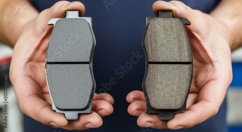 Mechanic holding a brand new and a worn-out old brake pads side-by-side to show wear comparison.