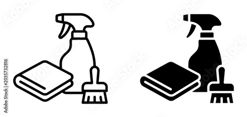 Photography Cleaning Supplies Icon Set: Spray Bottle, Cloth, Brush for Home Hygiene and Sani