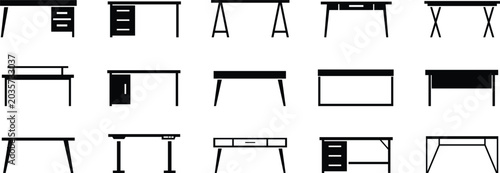Fényképezés Table and desk outline icon set with furniture styles, Home and office furniture