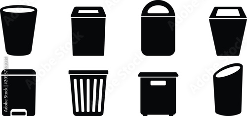 Trash bin silhouette icon set with waste container styles, Garbage and recycling bin symbols, Waste management collection