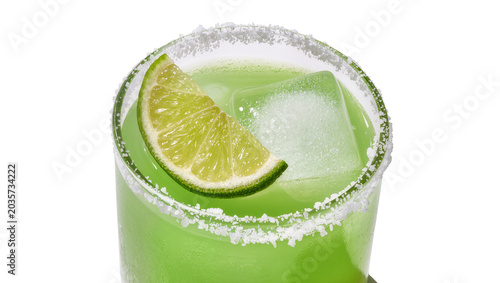 фотографія Isolated vibrant green margarita cocktail with salt-rimmed glass, lime slice, an