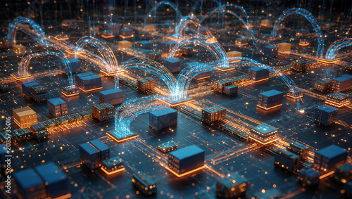Abstract digital network background with futuristic data stream fiber optics, geometric block pattern layout, and orange cyber lights for modern tech concepts
