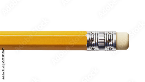 Canvas Print Isolated close up shot of a bright yellow wooden pencil with a white eraser end