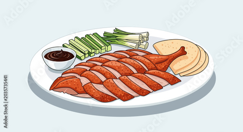 Peking Duck Dish illustration - Roasted duck, pancakes, spring onions, sauce