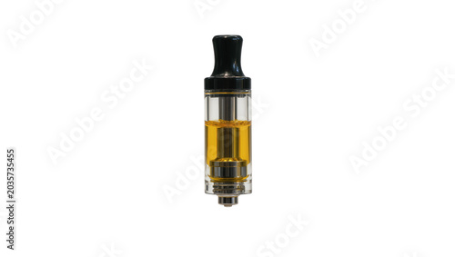 Foto Isolated vape cartridge filled with golden e-liquid for electronic cigarette or