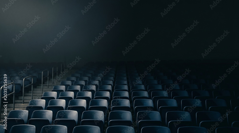 Fototapeta premium Empty stadium seats in dark moody lighting with fog and stairs