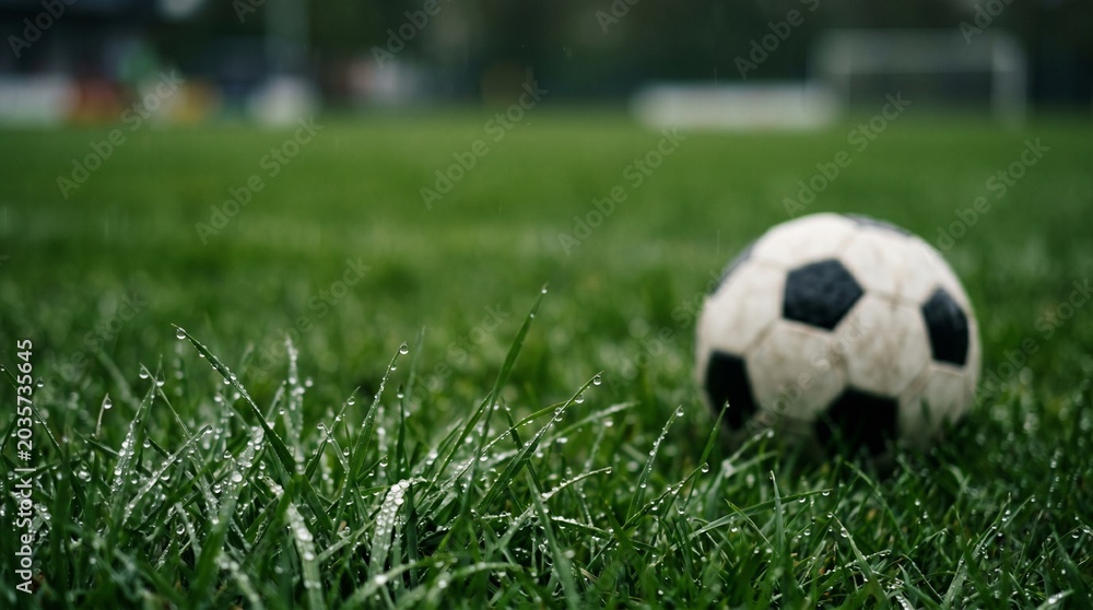 Fototapeta premium Soccer ball on wet grass field with raindrops in the background