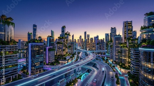 A futuristic cityscape at dusk with illuminated skyscrapers and a sleek, multi-lane highway curving through the urban environment.