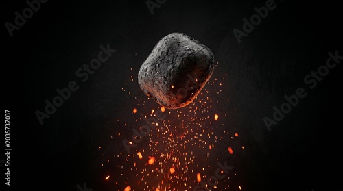 A single glowing charcoal briquette levitating against a dark background, emitting vibrant orange sparks and embers from its heated base.