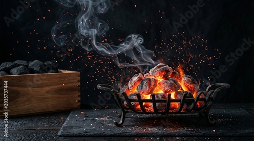 Glowing charcoal briquettes in a metal pit emitting smoke and sparks against a dark background. Perfect for BBQ and cooking concepts.