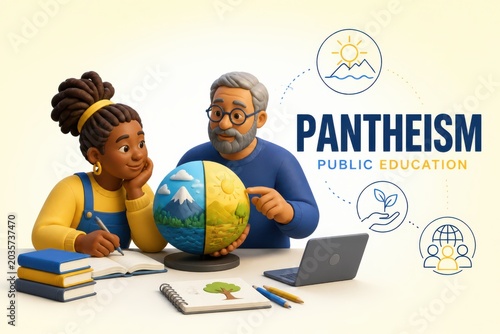 Public education concept with teacher and student discussing pantheism around a symbolic globe