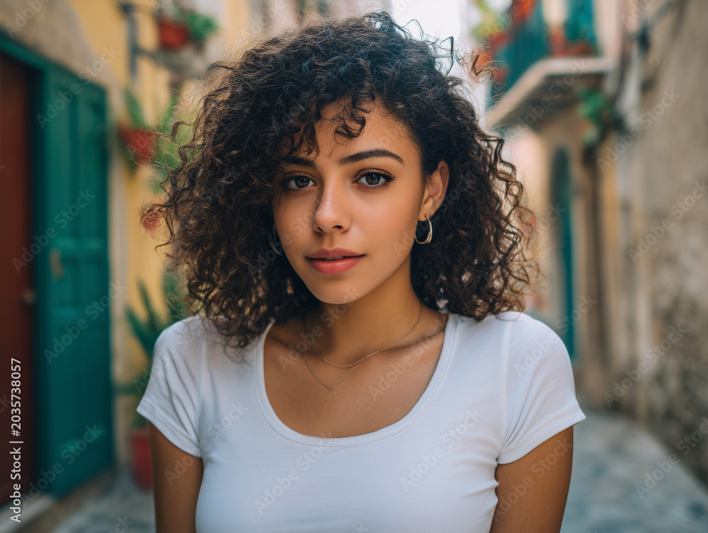 Fototapeta premium Young woman with curly hair standing on street