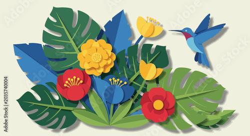 Papercraft hummingbird in tropical foliage with colorful flowers