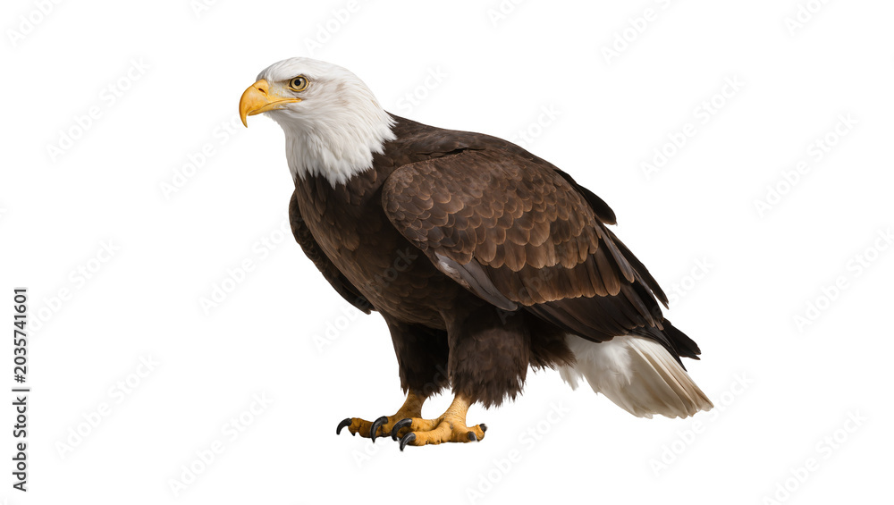 Fototapeta premium Isolated majestic bald eagle, proud national bird of America, standing with detailed feathers