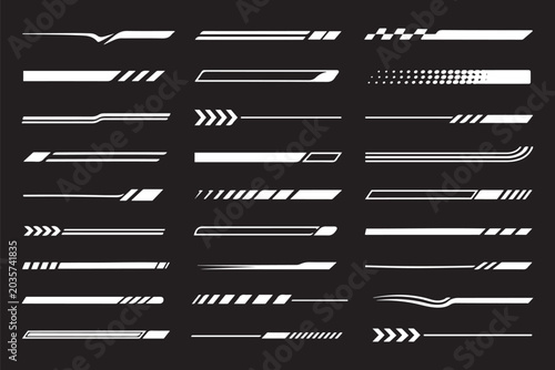 Racing Stripe Banner and Checkered Flag Vector Set, Speed Line Graphics for Car Racing, Motorsport Events, and Track Finish Line Decorations. Black Vector Speed Lines and Racing Stripes Set with Check