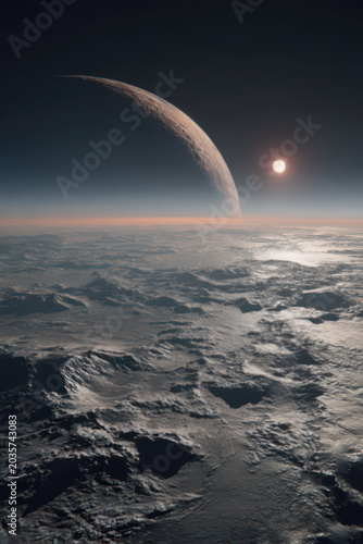 Space Art: Alien Planet - A Fantasy landscape of an alien moon with volcanoes and pock marked craters