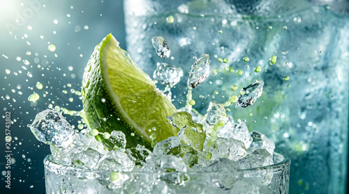 Fresh Lime Wedge with Ice Cubes and Splashing Water in Refreshing Drink Close-Up