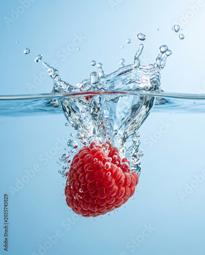 Fresh Red Raspberry Splashing into Clear Water with Dynamic Droplets and Blue Background in High-Speed Motion Capture