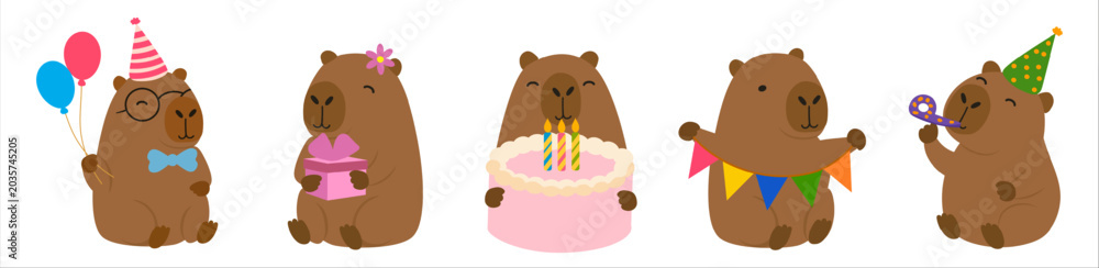 Obraz premium Cute birthday capybara party set with festive decorations.