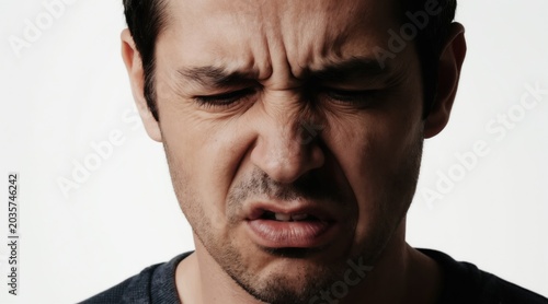 Man grimaces with wrinkled nose, furrowed brow, showing distaste or disgust. His expression is negative unhappy, annoyed, conveying bad attitude, displeasure. Mood is clearly upset, frustrated.