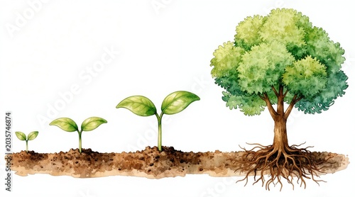 Young plants sprout, grow into mature tree with roots in soil. Watercolor illustration shows stages of plant development from seed to full foliage. Natural progression from seedling to large green