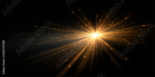 Tableau sur toile Explosion of golden light and particles radiates outwards from a central bright source against a dark background, symbolizing energy, creation, or a brilliant idea