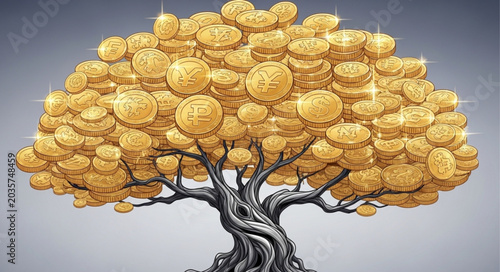 Schilderij op canvas Fantasy Tree with Golden Spheres Instead of Leaves.