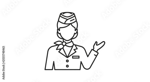Female flight attendant in uniform welcoming gesture line art.