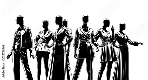 Fashionable female mannequins display elegant clothing styles.