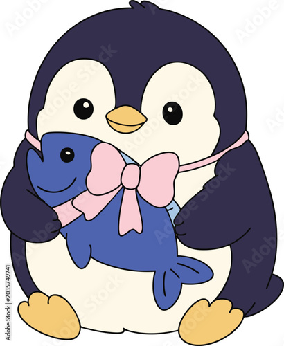 Cute Penguin Holding Fish Illustration