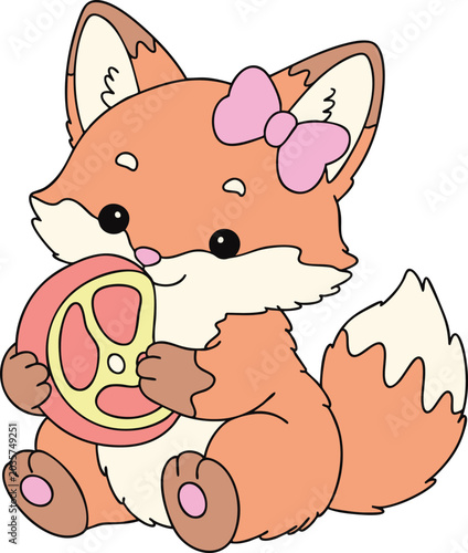 Cute Fox Hugging Meat Illustration