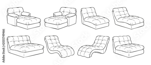 Quadro su tela Chaise lounge outline vector collection featuring minimalist furniture sketch isolated on white background for interior design icons, comfy cozy house coloring page, modern armchairs concept drawings