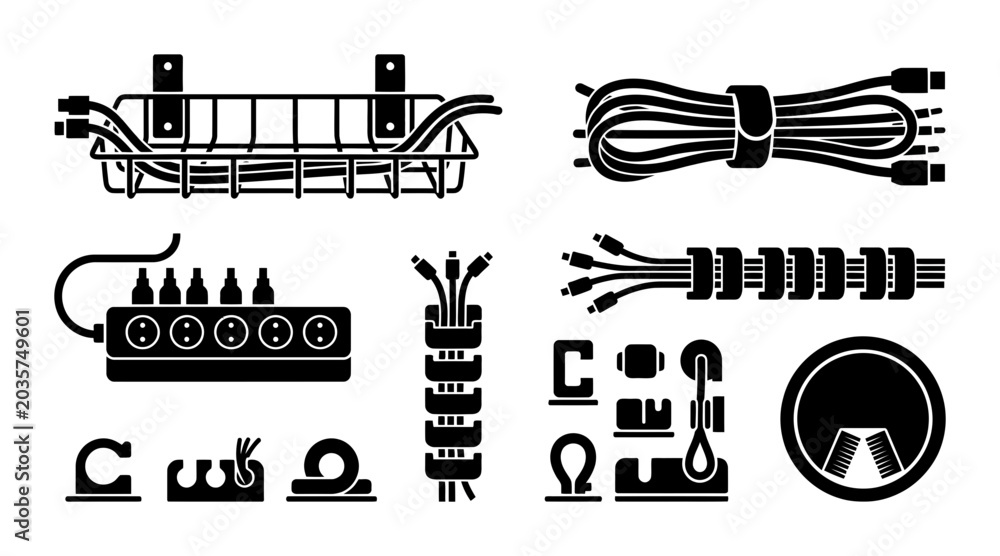 Naklejka premium Cable Management Icons Set, Wire Organization Solutions, Electrical Cord Organizers, Tech Accessories Vector