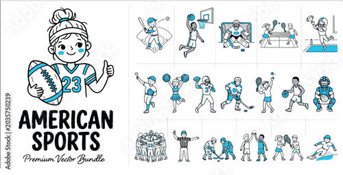 Cute cartoon characters playing various popular american sports shown in a detailed flat vector illustration set