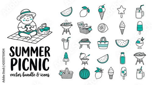 Cute boy eating sandwich during summer picnic featuring various hand drawn food and drink icons