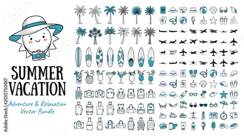 Cute cartoon sun character with travel icons for a summer vacation adventure and relaxation vector bundle
