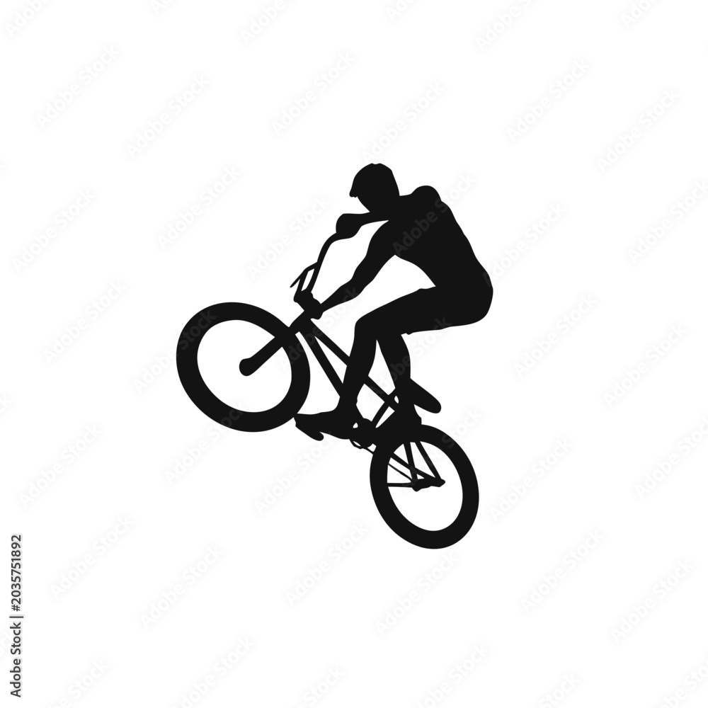 Naklejka premium BMX Rider Silhouette: A dynamic silhouette of a BMX rider performing a stunt on a bicycle, capturing the essence of extreme sports and athletic skill.