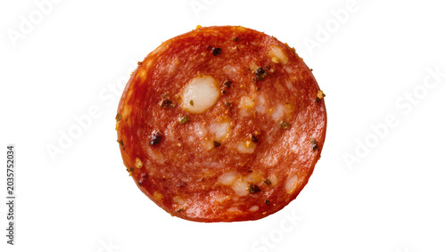 Isolated single round slice of spicy pepperoni salami with visible spices and marbling