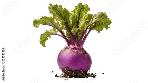 Isolated fresh organic purple turnip with vibrant green leaves and visible roots, healthy raw vegetable