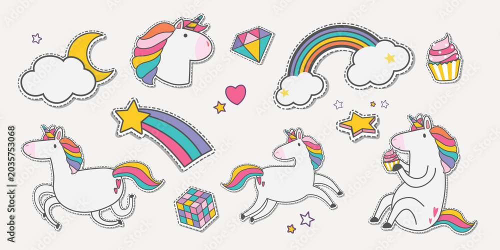 Obraz premium Colorful vector of unicorns, rainbows, and stars with playful, whimsical designs.