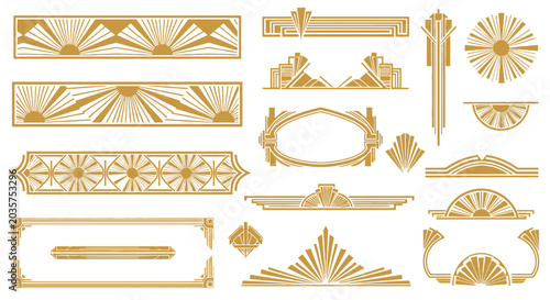 Art Deco Ornaments Vintage Geometric Sunbursts Golden Borders Elements