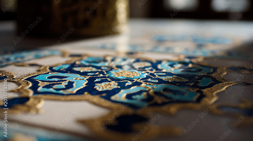 Naklejka premium Intricate Blue and Gold Oriental Pattern on Decorative Surface with Soft Focus Background; Rich Cultural Design, Shallow Depth of Field