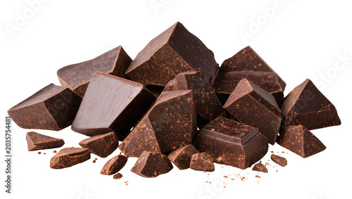 Isolated rough cut natural dark chocolate chunks and small pieces, perfect for confectionery.