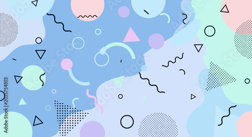 Retro Memphis Style Abstract Pattern with Geometric Shapes & Pastels