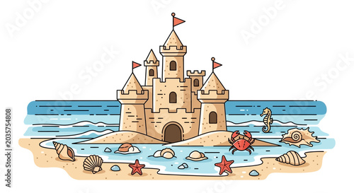 Sandcastle with Flags on Beach by the Sea, Seashells, Starfish, Crab